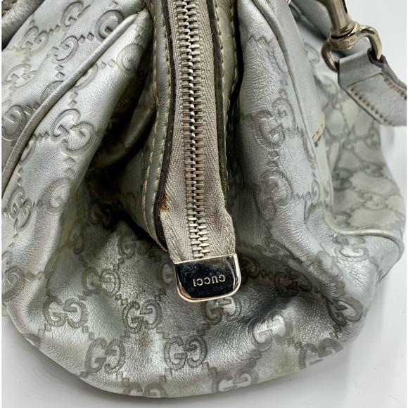 Auth Gucci Silver Gray Metallic Guccisima Leather Convertible Sukey Bowler Bag - Picture 9 of 16